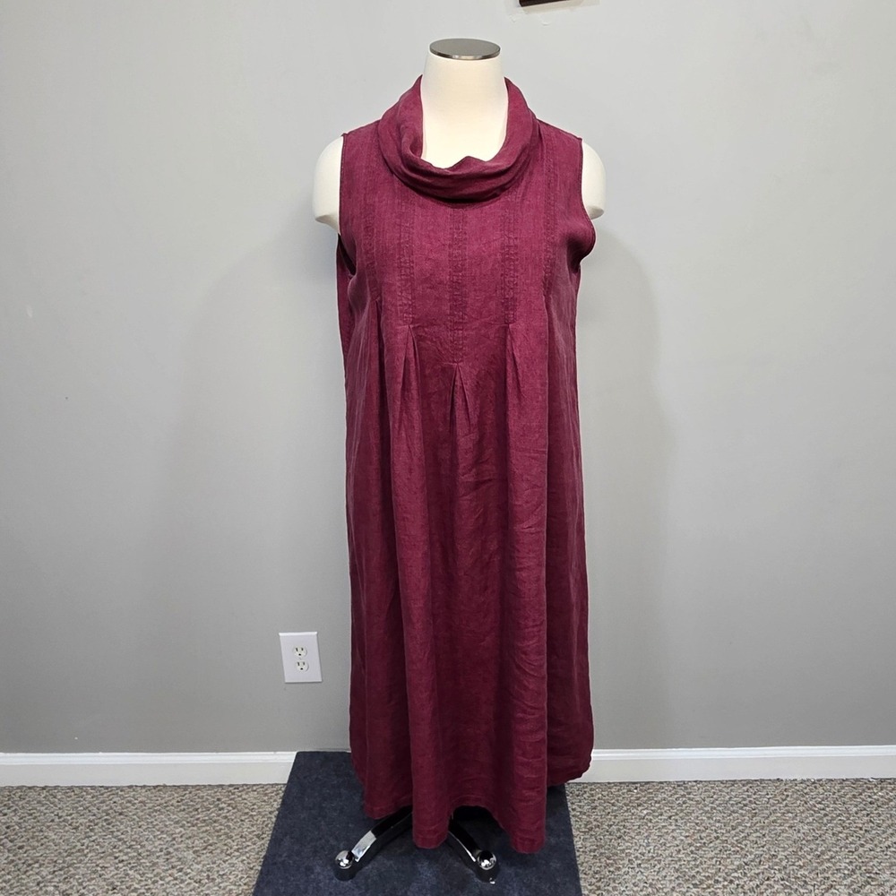 Vivid 100% Linen Dress Plus Size 3X Burgundy Cowl Neck Midi Artsy Lagenlook Boho
